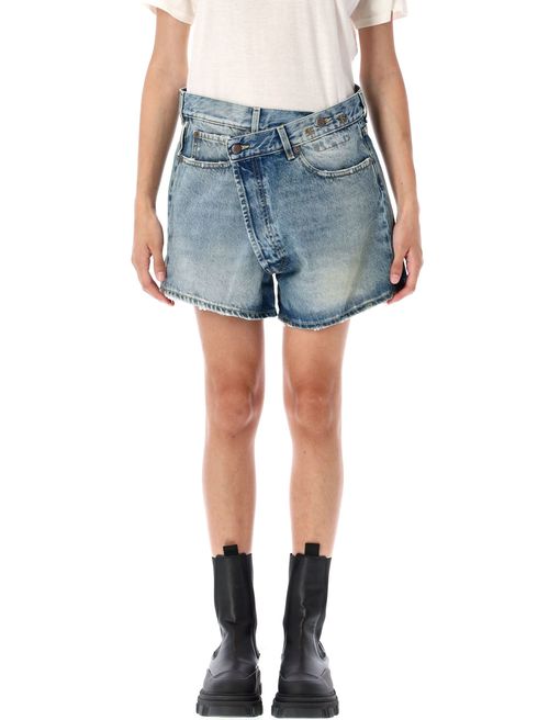 Distressed Mini Denim Shorts with Asymmetric Waistband