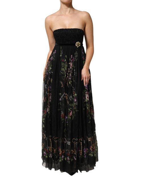 Floral Key Print Crystal Strapless Dress — Black