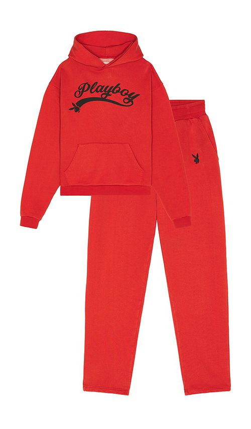 Playboy Logo Hoodie and Sweatpant Set in Red. L. Also in S, M, XL/1X