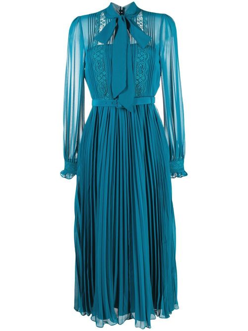 Bow-detail pleated chiffon dress - Blue