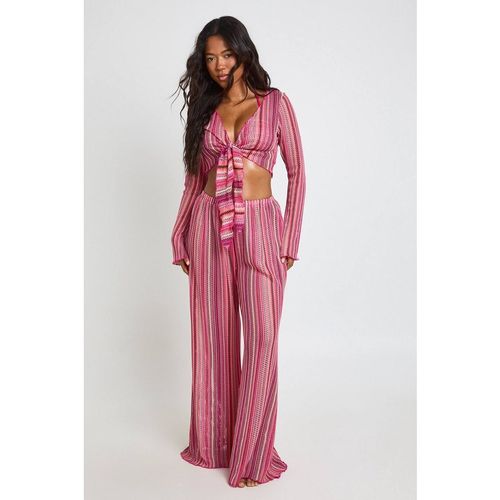 Boohoo Women's Patterned Knitted Knot Top & Wide Leg Trouser Beach Co-Ord in Pink