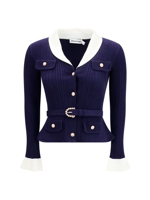 Ribbed Knit with Contrasting Collar Cardigan — Navy