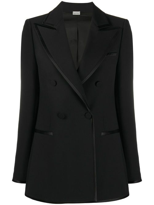 Double-breasted contrast-trim blazer - Black