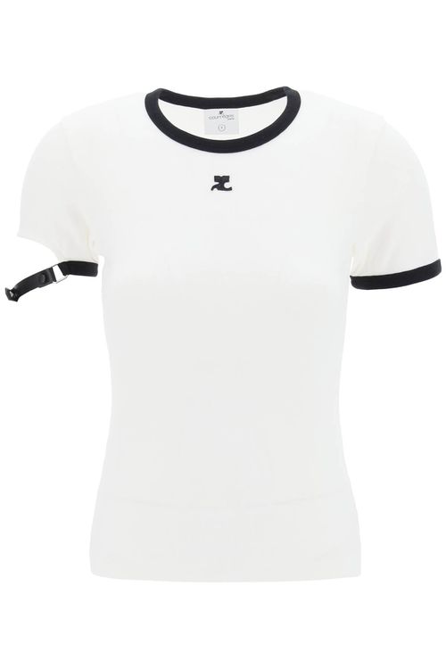 -T Shirt Con Cinturino In Pelle Sulla Manica-Donna