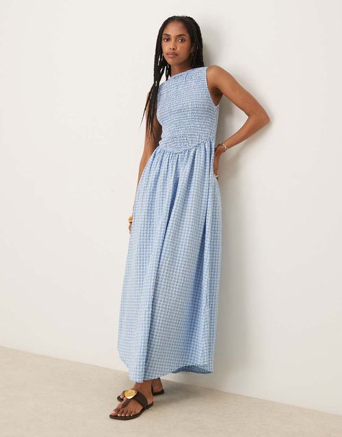 Shirred bodice maxi dress in blue gingham