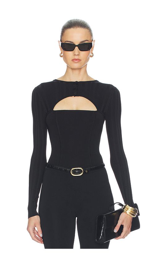 Fleur du mal Rib Shrug Bodysuit in Black. XS. Also in S