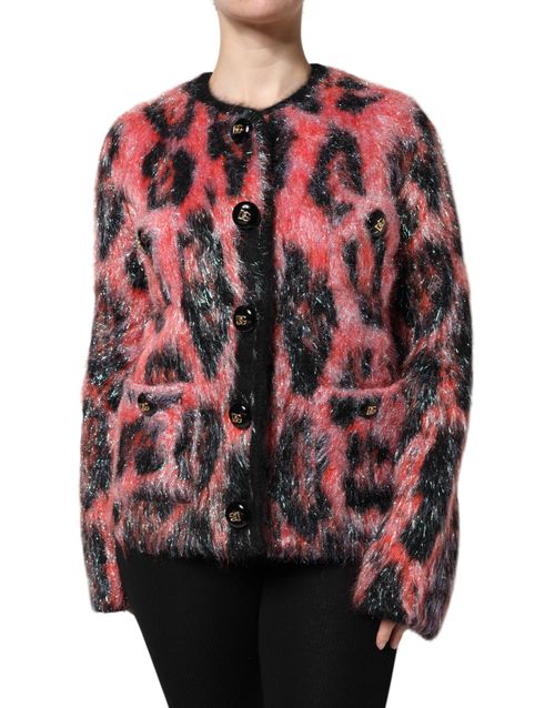 Mohair-Wool Leopard Print Cardigan — Red