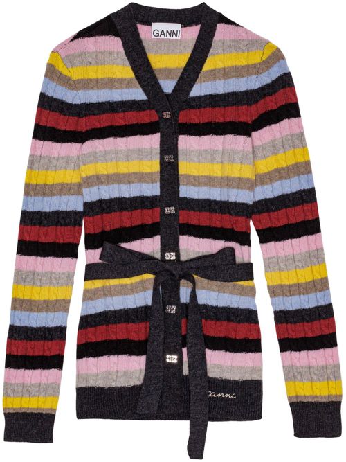 Logo-embroidered striped belted cardigan - Pink