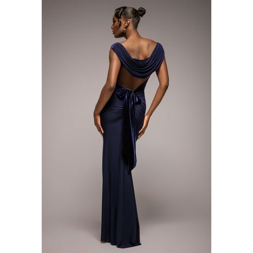 Goddiva Open Back Cowl Neck Gathered Maxi Dress With Velvet Tie Back - Navy Blue