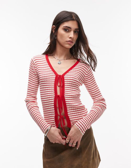 Resume front tie up cardigan in red stripe-Multi