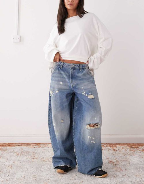 XL balloon low rise jean in worn wash-Blue