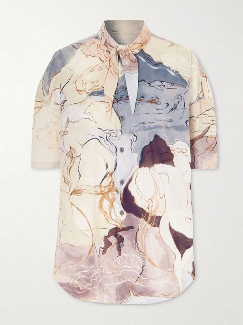 Scarf-detailed Cotton Printed Blouse - Purple