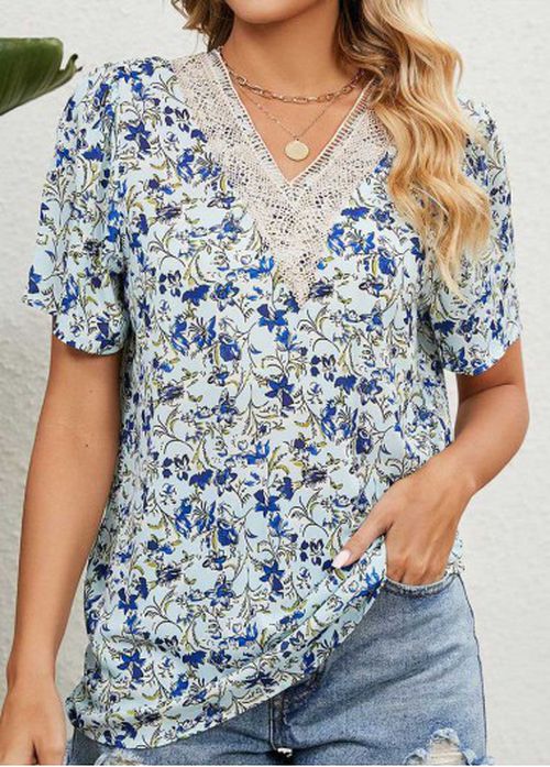Modlily Light Blue Patchwork Floral Print Short Sleeve Blouse