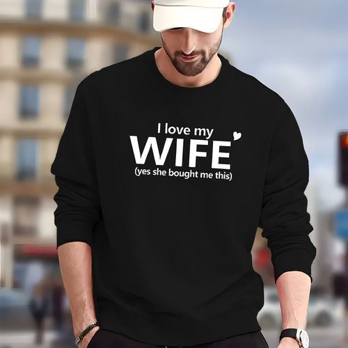 TEMU Fashionable Men's Casual Romantic Slogan Print, Long Sleeve Round Neck Sweatshirt, Suitable For Outdoor Sports, For Autumn And Winter, With