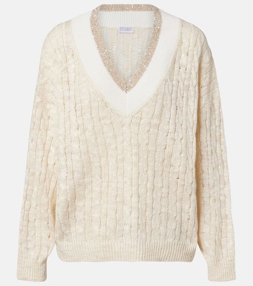 Cable-knit sequined hemp, silk, and cotton sweater