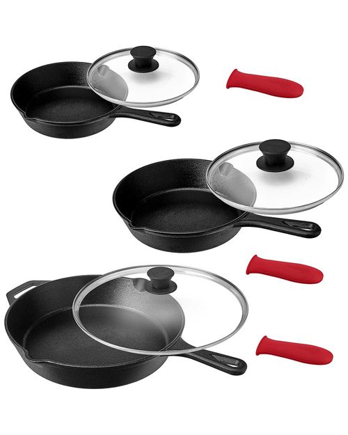 Pre-Seasoned 9pc Cast Iron Skillet Set with Silicone Holders