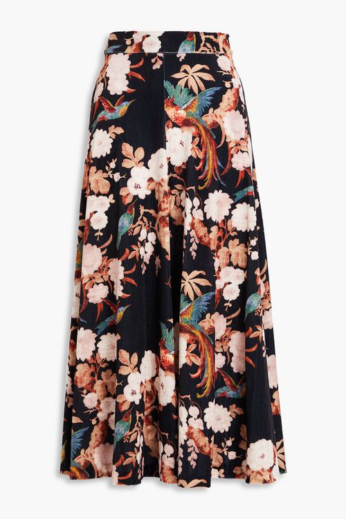 Floral-print stretch-velvet midi skirt