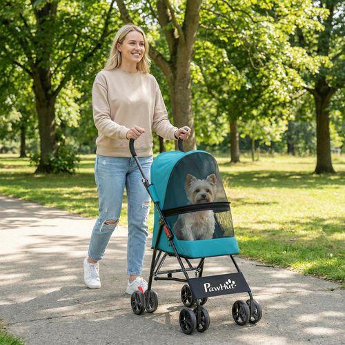 PawHut Foldable Dog Stroller with Mesh Windows for Mini Dogs - Dark Green - - Pet Stroller