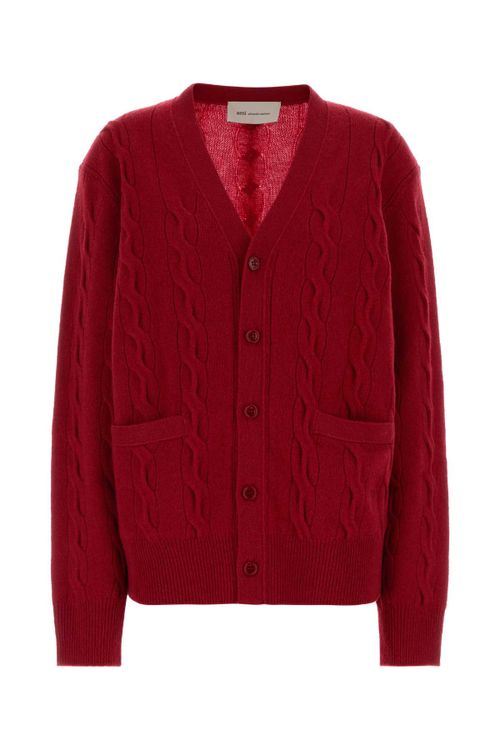 Cable-Knit Merino Wool Cardigan — Red