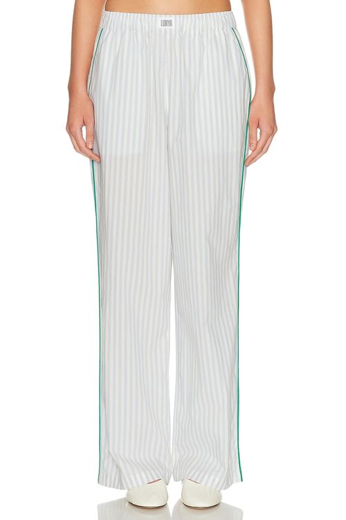 LUNYA Airy Cotton Piped Wide Leg Pant in Stillwater Stripe & Spring Clover - White,Baby Blue. L also in M