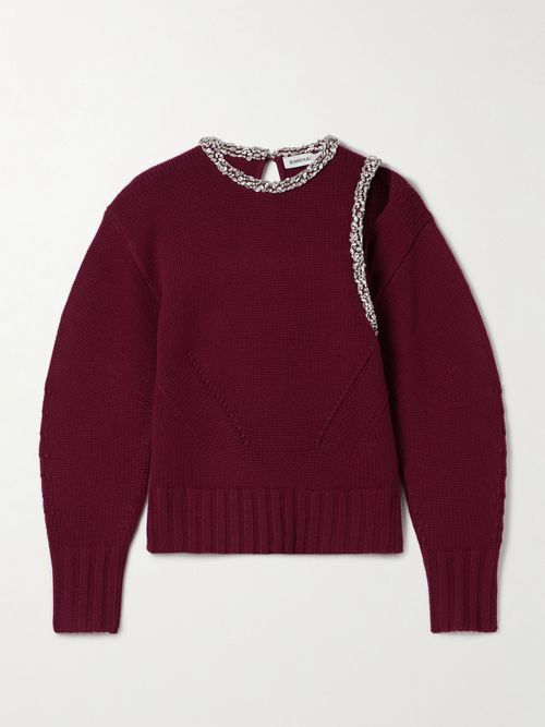 Monroe Cutout Crystal-embellished Wool-blend Sweater - Burgundy