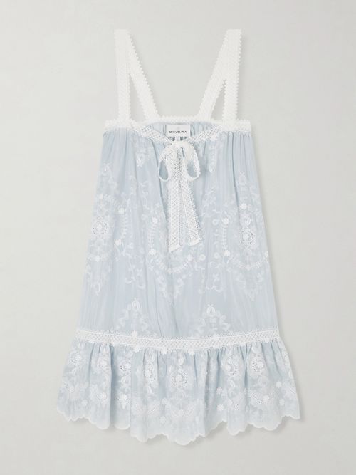 Havana Bow-detailed Embroidered Silk-blend Voile Mini Dress - Blue