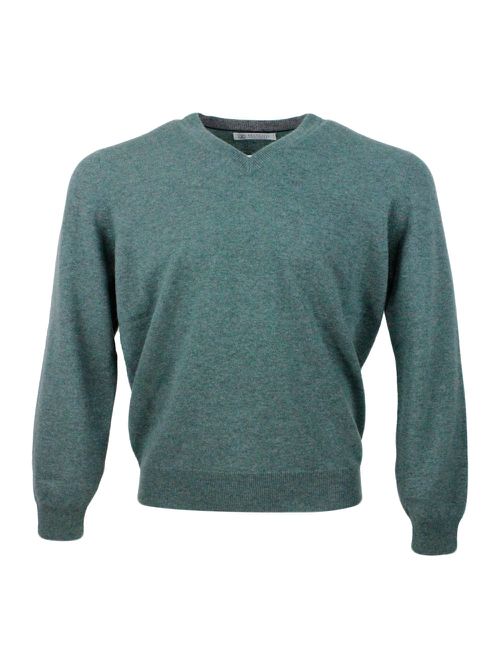 Long-sleeved V-neck Sweater In Fine 100% Cashmere With Contrasting Piping On The Cuff