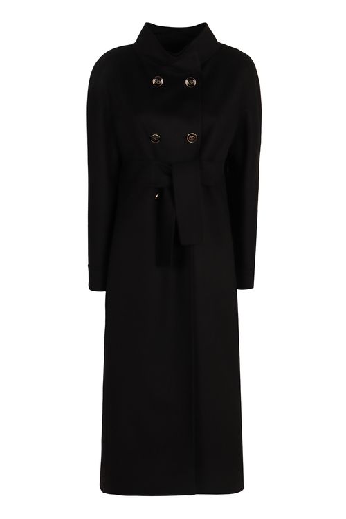 Double-Breasted Wool and Cashmere Jacket with Logo Button Detailing and Waist Belt