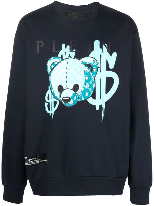 Teddy-print crew-neck sweatshirt - Blue