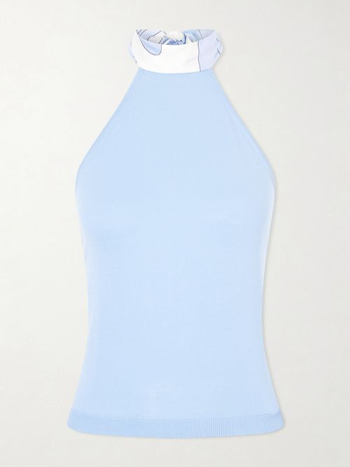 Printed Silk-trimmed Cotton Halterneck Top - Blue