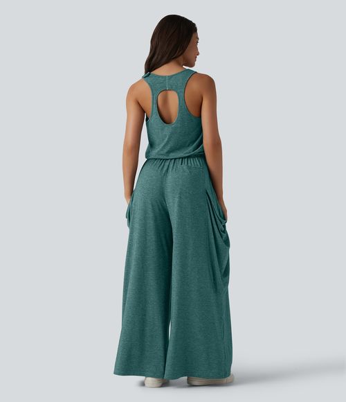 Sleeveless Cut Out Wide Leg Casual Jumpsuit with Pockets-Easy Peezy Edition  - Jade Green Floral Yarn