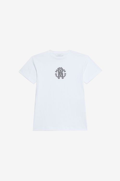 Optical White T-shirt With Rc Monogram In Rhinestones