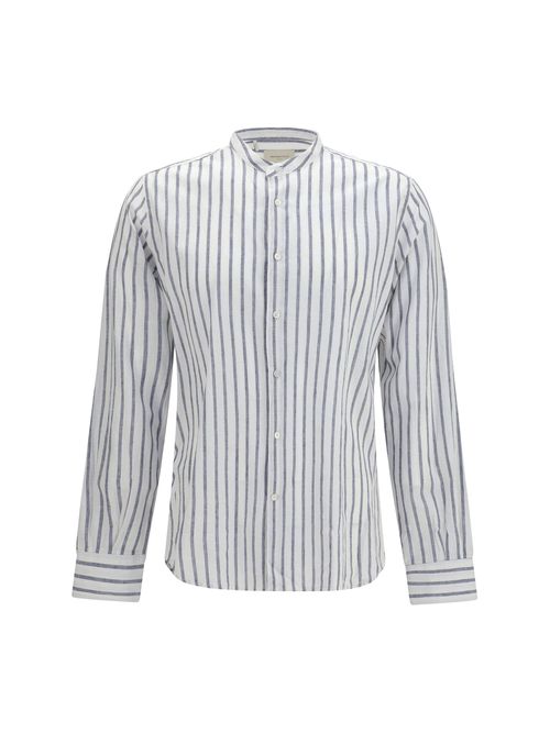 Striped Cotton-Linen Spread Collar Shirt — Blue