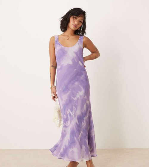 ASOS DESIGN Petite chiffon scoop neck midi slip dress in purple tie dye print-Multi