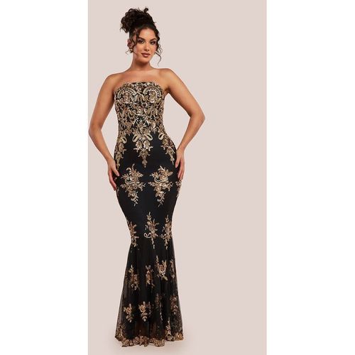 Goddiva Scallop Bandeau Sequin Mesh Maxi Dress - Black Gold