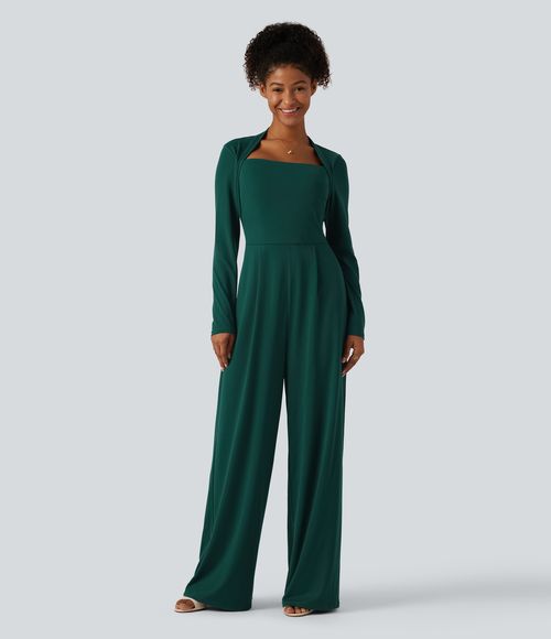 Long Sleeve Built-in Bra Wide Leg Jumpsuit with Pockets-Easy Peezy Edition DD-F Cups  - Rain Forest
