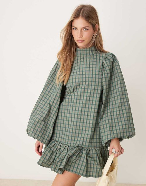 Ghospell check print mini dress in green