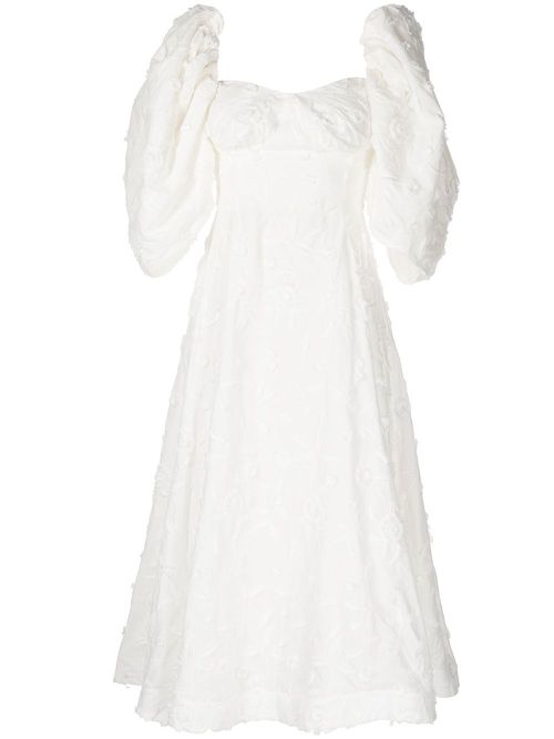 Puff-sleeve floral-embroidered midi dress - White
