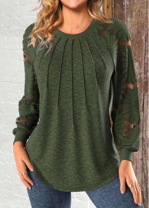 Modlily Olive Green Patchwork Long Sleeve Round Neck Sweatshirt