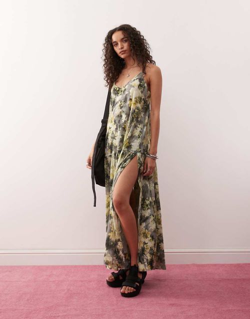 Crinkled tiered floaty maxi dress with low tie back detail in gray and yellow floral print