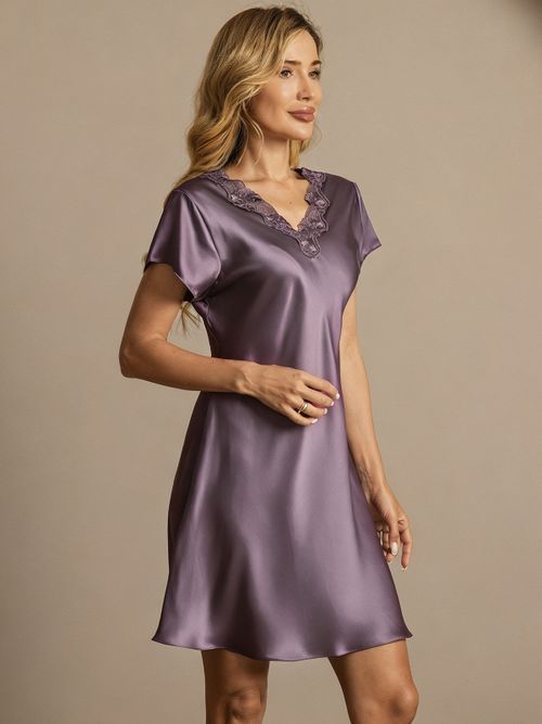 Pure Silk Short Sleeve V-neck Side Split Short Nightgown