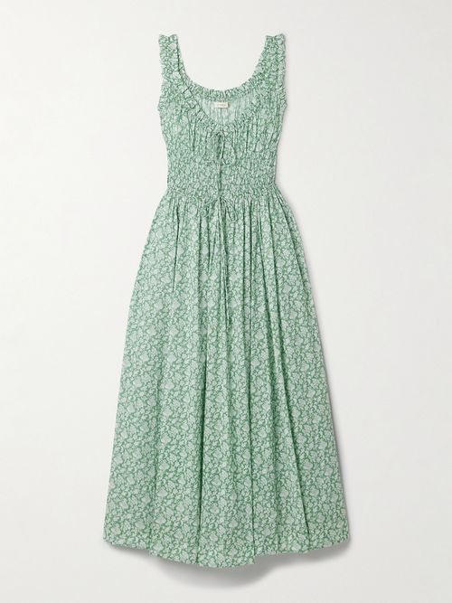 Emmaretta Tie-detailed Shirred Floral-print Organic Cotton-voile Midi Dress - Green