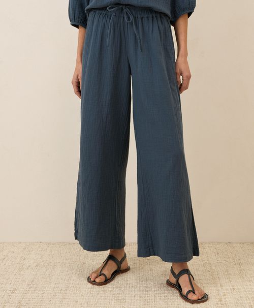 Women's French Navy Coastal Double Gauze Split Hem Pant
