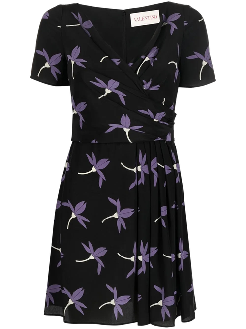 Floral-Print Pleated Dress — Black