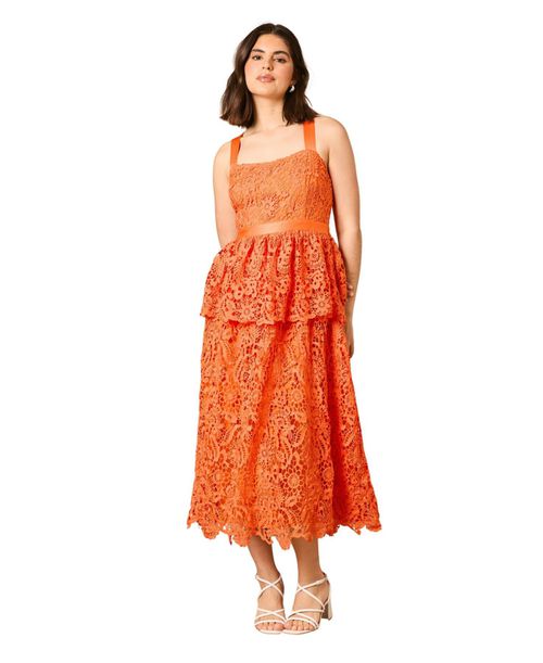 knee length dresses for ladies Fortune Lace Trim Mesh Midi Dress Orange