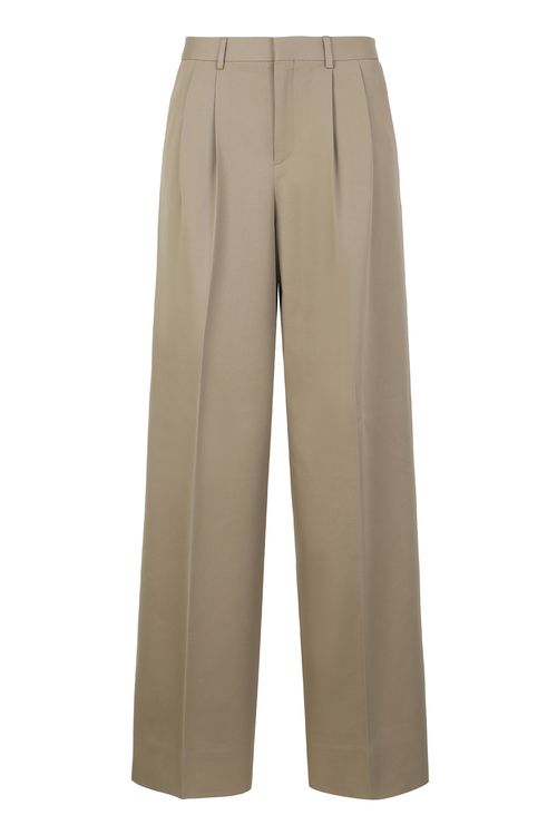 Cotton-Wool Wide-Leg Trousers — Beige
