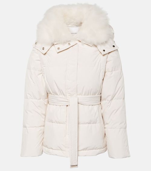 Belted shearling-trimmed down jacket