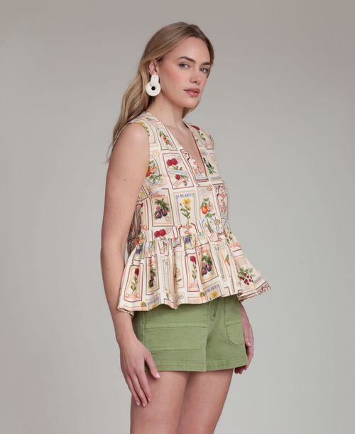 Women's Botanical-Print V-Neck Peplum Top - Peach Seed Packet