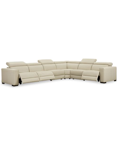 "Nevio 6-pc Leather ""L"" Shaped Sectional Sofa with 3 Power Recliners and Articulating Headrests, Created for Argento Stone Ivory"