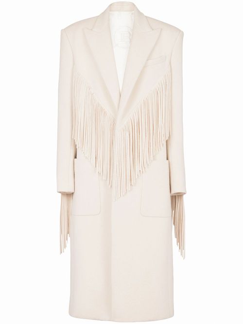 Single-breasted fringed maxi coat - Neutrals